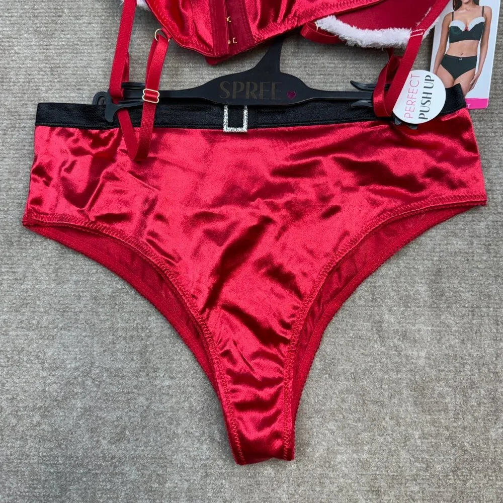 NWT Spree Intimates Women's M-XL Tango Red 2 Piece Santa Bra Set, Push Up
